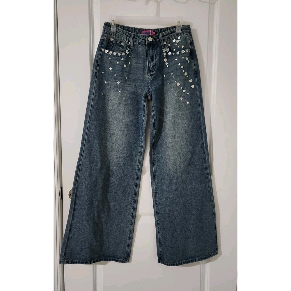 Edikted Women's Wide-Leg Blue Jeans Embellished Pants Mid-Rise Size S